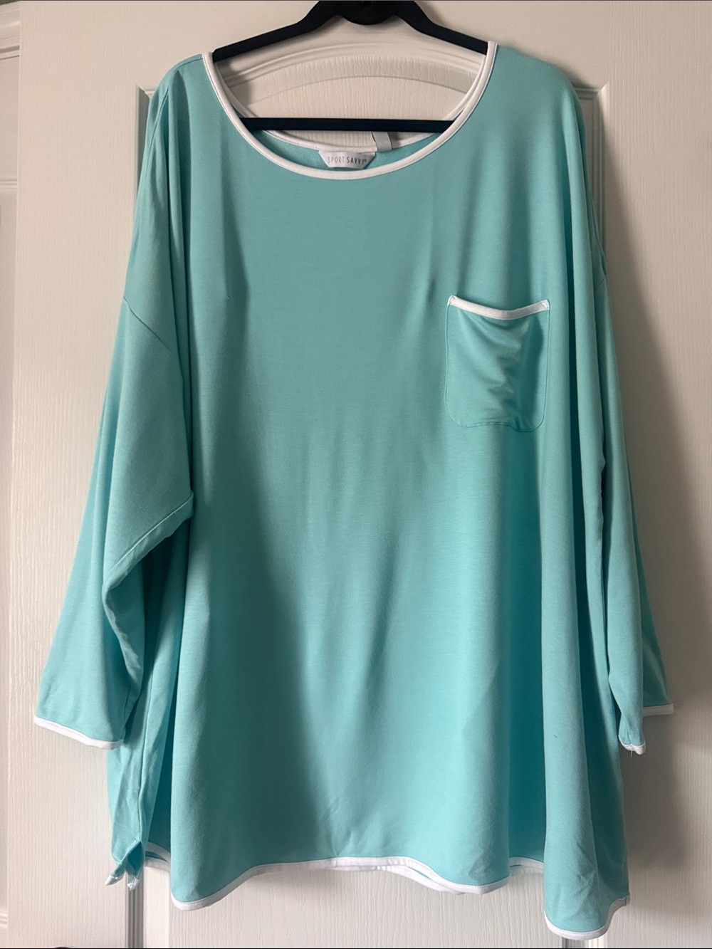Sports Savvy Sundry Mint Aqua Long Sleeve Pocket Tunic with White Trim Size 4X